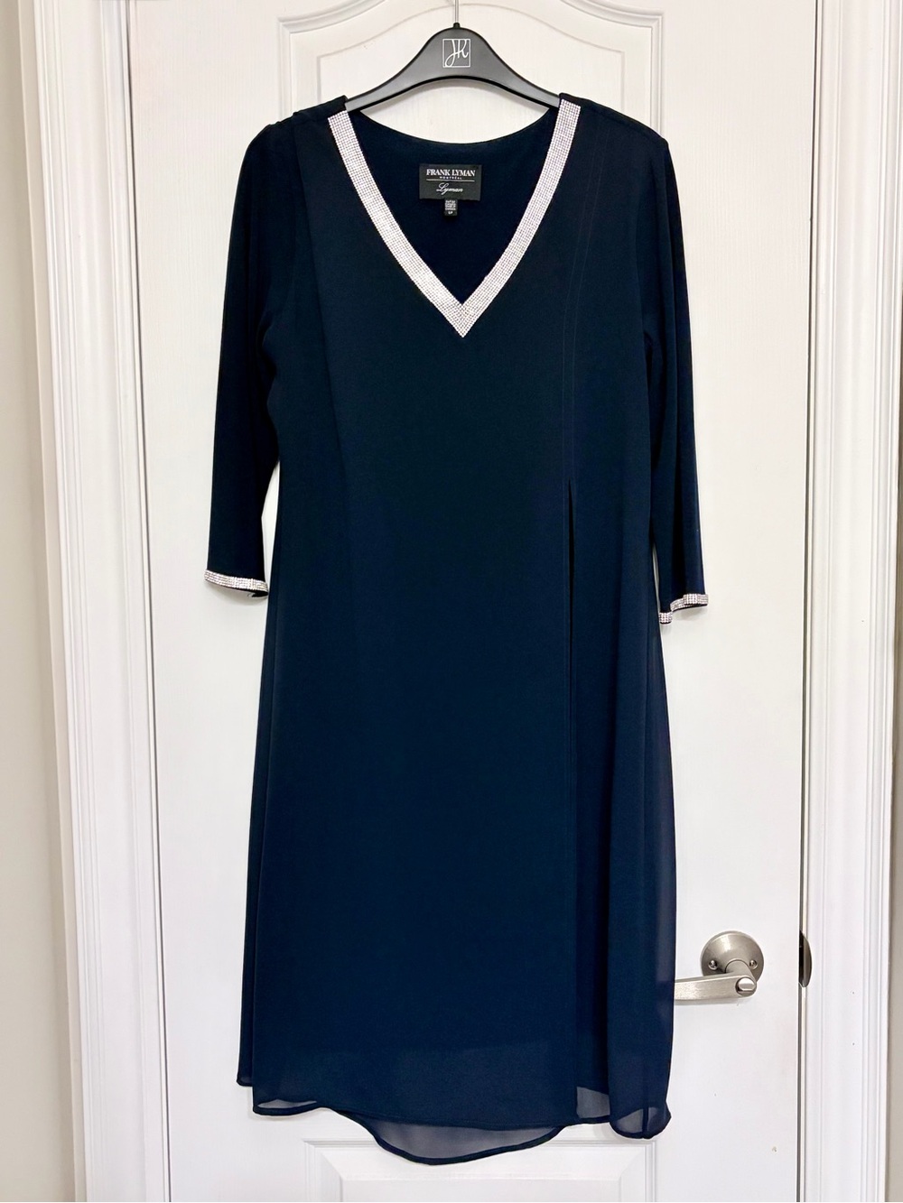 Frank Lyman Design Navy Blue V-Neck Dress with Silver Trim